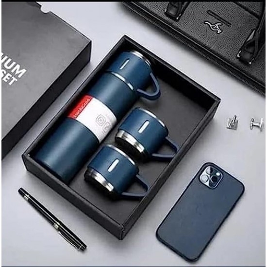 Vacuum Flask and Flask Set, 3 Steel Cups with Flask Combo, Size-500ML, Odorless & Keeps Liquid Cold/Hot, Ideal Gift for Diwali and Birthday Gift Return Gift