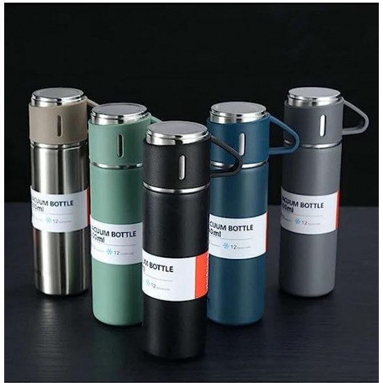 Vacuum Flask and Flask Set, 3 Steel Cups with Flask Combo, Size-500ML, Odorless & Keeps Liquid Cold/Hot, Ideal Gift for Diwali and Birthday Gift Return Gift