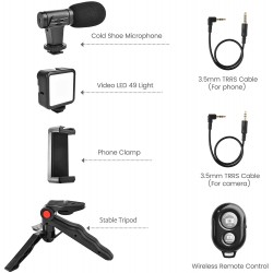 Vlogging Kit 4 in 1 Portable Set Mobile Video Recording Kit Smartphone Camera Video Kit, Mini Tripod With Shotgun Podcast Microphone, Phone Holder, Led Light For Youtube Video, Vlog, Photography Kit