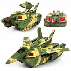 Electric Automatic Deformation 2 in 1 Battery Operated Tank and Jet Fighter Airplane Toy with Lights, Shooting Music and Bump